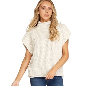 She + Sky Drop Shoulder Mockneck Knit Cotton Sweater Cream White Size Medium